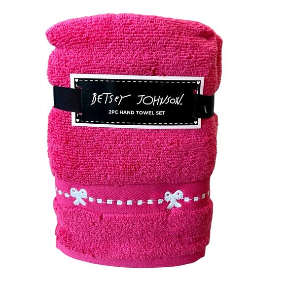 2pc Betsey Johnson Hand Towels 16x26 Hot Pink White Coquette Bow 100% Cotton New - Picture 11 of 11
